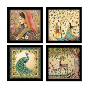 Rousrie Madhubani Art Framed Painting For Home, Living Room, Hall | Traditional Rajasthani Pichwai Art Paitnings With Frame For Home Decor (Set Of 4)